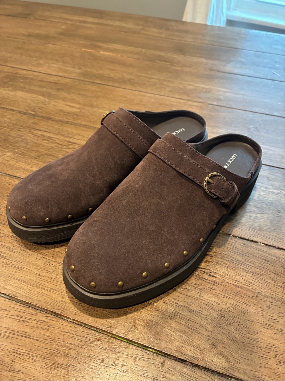 Lucky Brand brown suede clogs size 8 with studs
